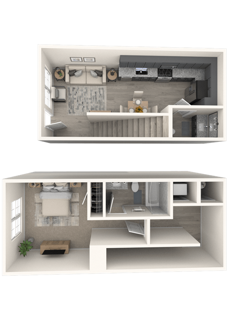 Floor plan for 1 bed, 1.5 baths, 848 sqft